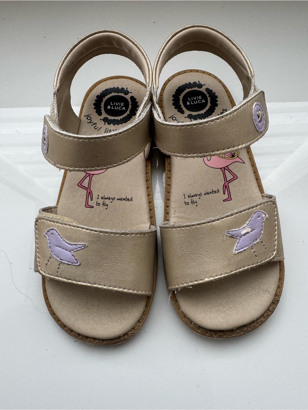 Livie & Luca Gold Sandals with Lilac Bird Accents USED size 11